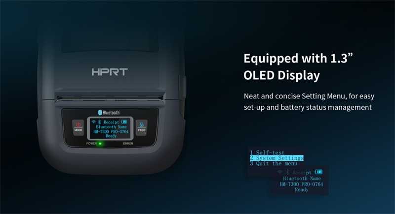 HPRT T3 PRO håndholdt barkodenprinter utstyrt 1,3 cm OLED-display